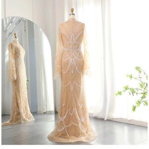 Chic Cream Beaded Long Sleeve Dress